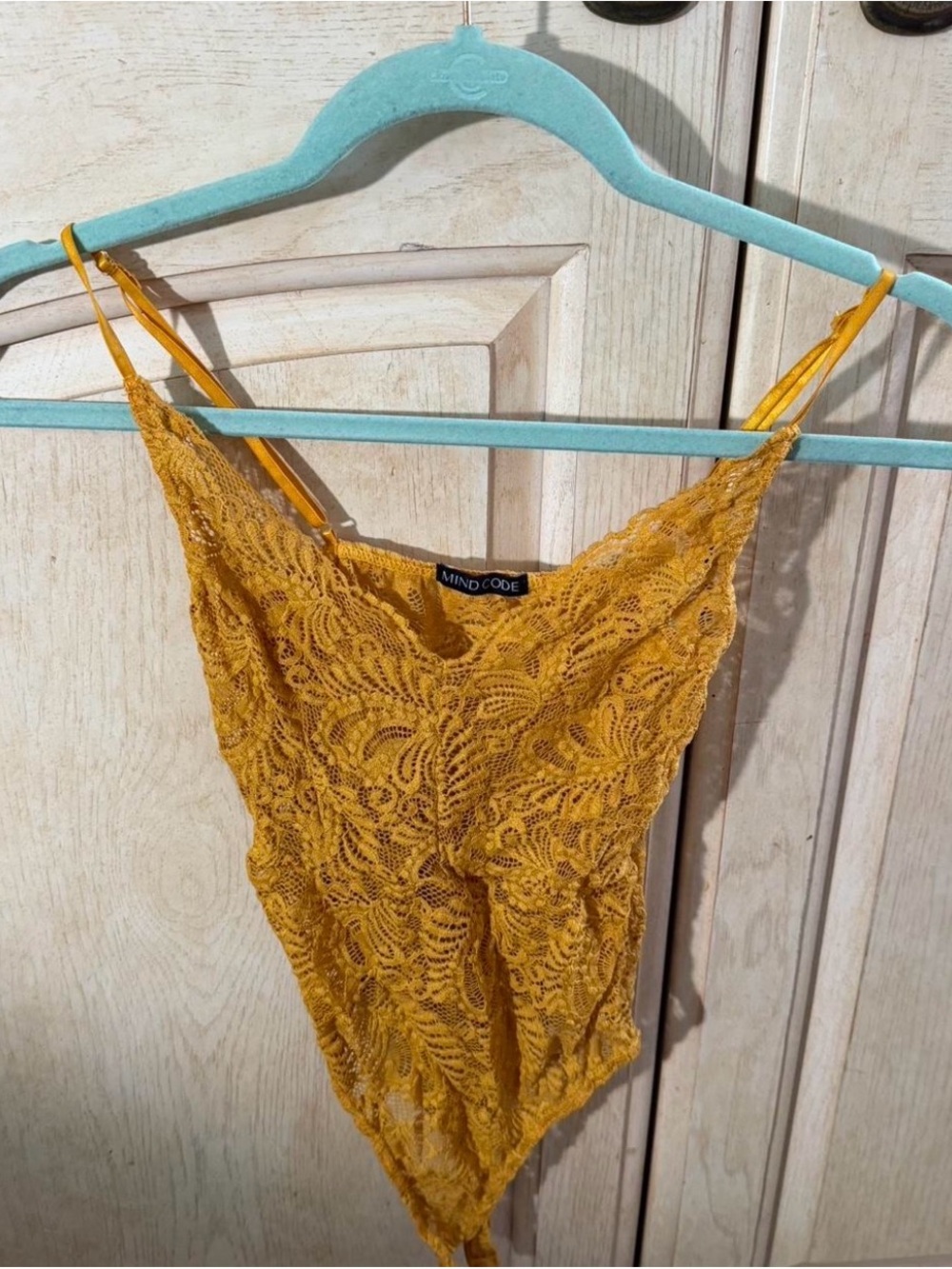 Mind Code Mustard Yellow Lace Bodysuit with Adjustable Straps